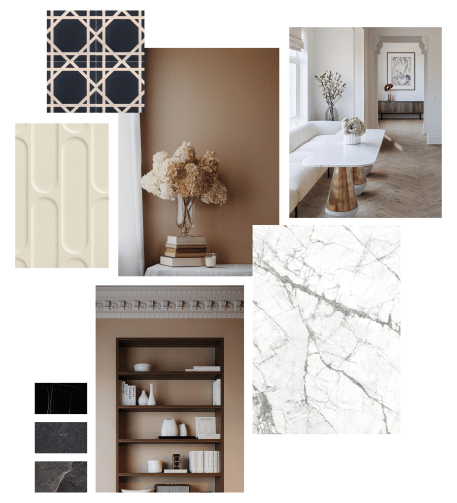 Moodboard d'une cuisine beige et bois avec plusieurs petites images beige et marron