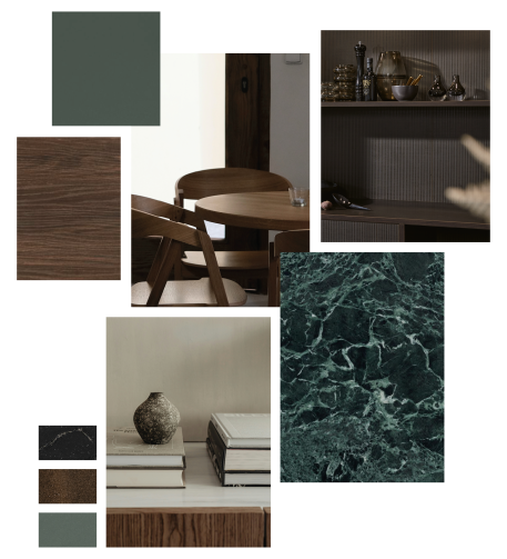 Moodboard d'une cuisine verte et bois avec plusieurs petites images marrons et vertes