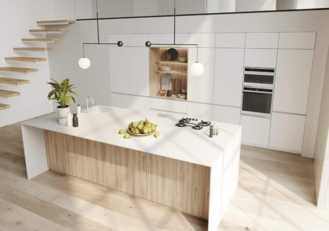 Cuisine design blanche et bois avec ilot central