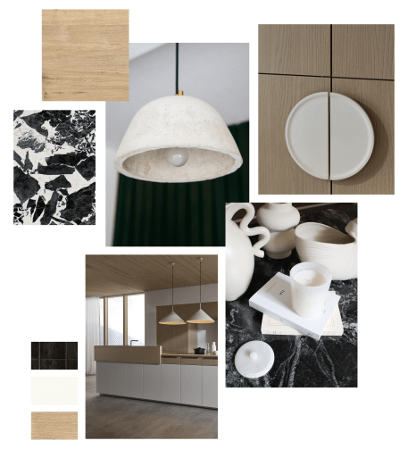 Moodboard d'une cuisine avec plusieurs images beige