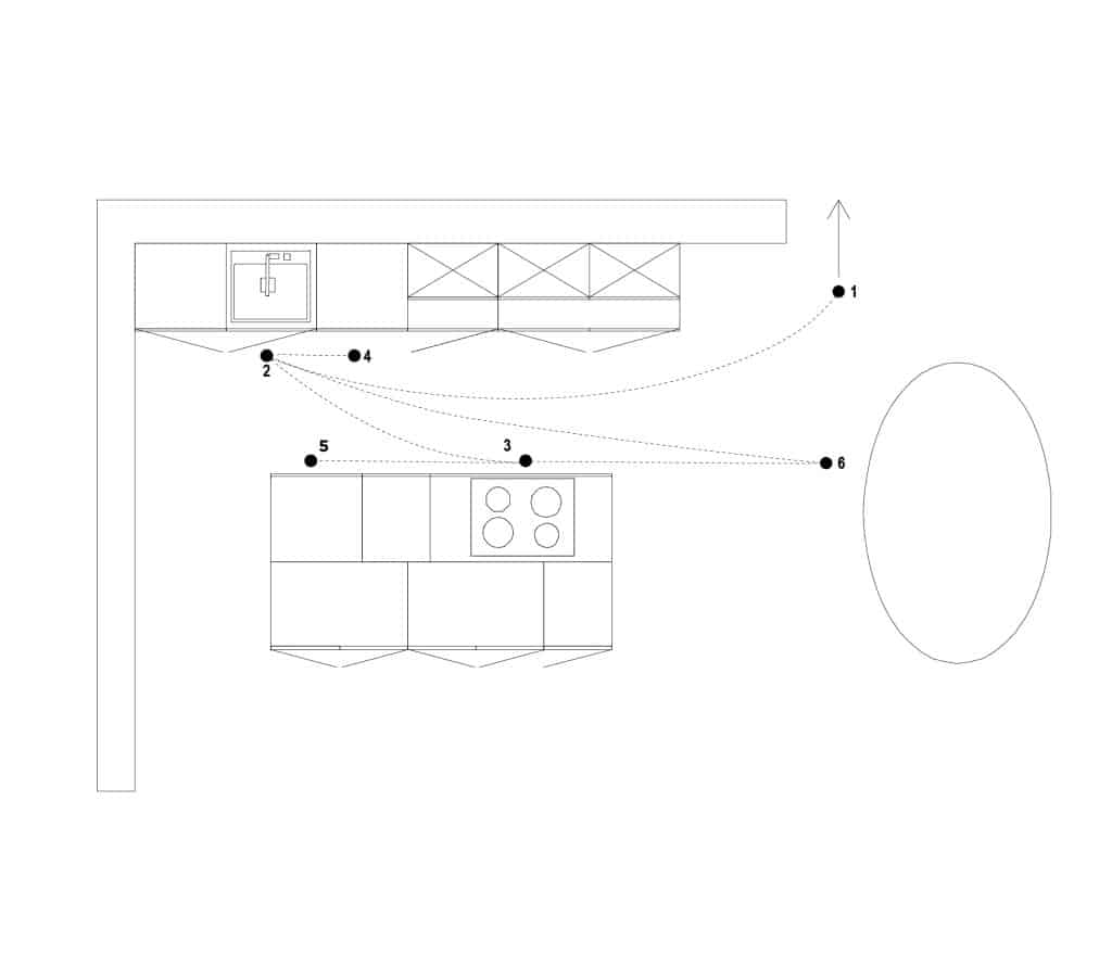 Plan d'une cuisine avec îlot central et table à droite