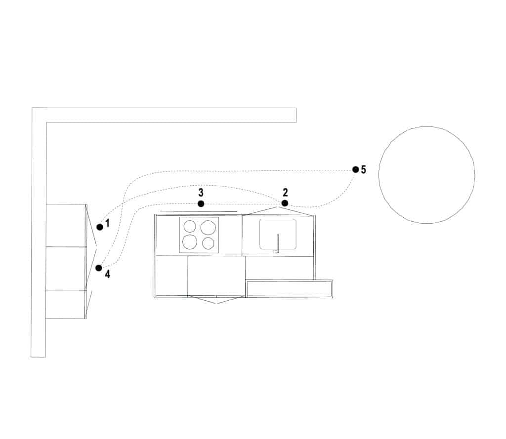 Plan d'une cuisine avec îlot central et table ronde