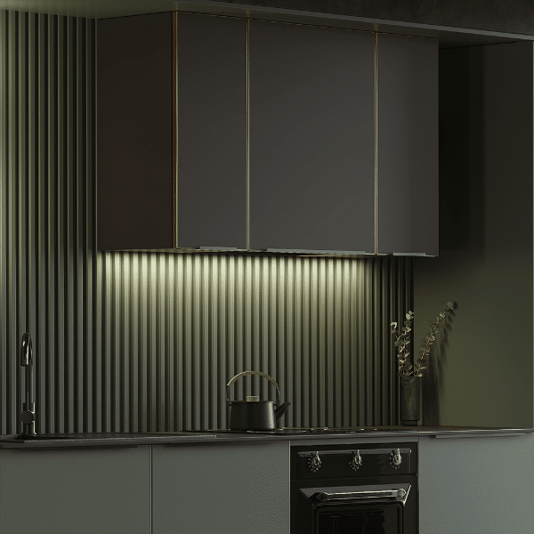 Eclairage intégré à un meuble suspendu dans une cuisine noire et verte