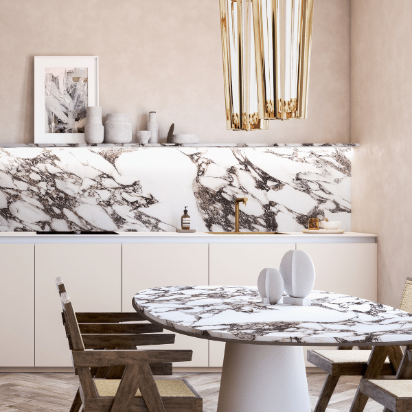 Table et crédence en marbre blanc dans une cuisine design Elton