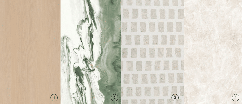 Marbre vert à gauche et motif avec petits carrés à droite