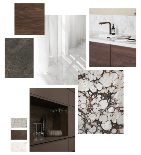 Moodboard d'une cuisine beige et bois avec des petites photos avec des touches marrons, beiges