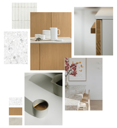 Moodboard d'une cuisine avec plusieurs images beige