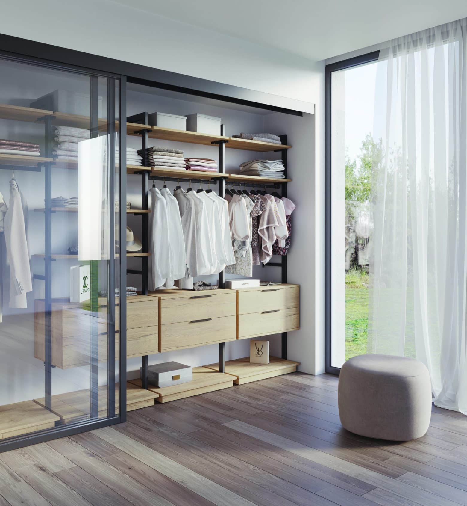 Un dressing en bois dans une chambre