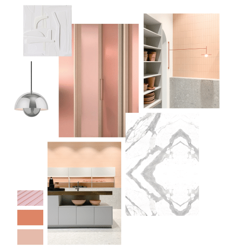 Moodboard d'une cuisine rose avec plusieurs petites images roses