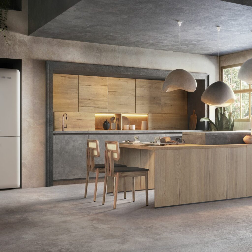 Cuisine bois et grise avec lampes suspendues sur la table en bois