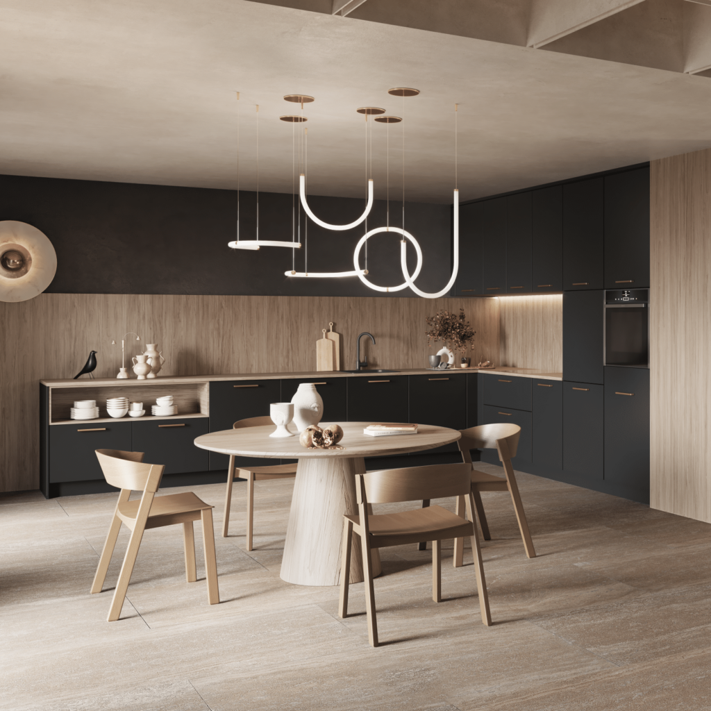 Cuisine bois et noir avec une table au centre arrondie et 4 chaises