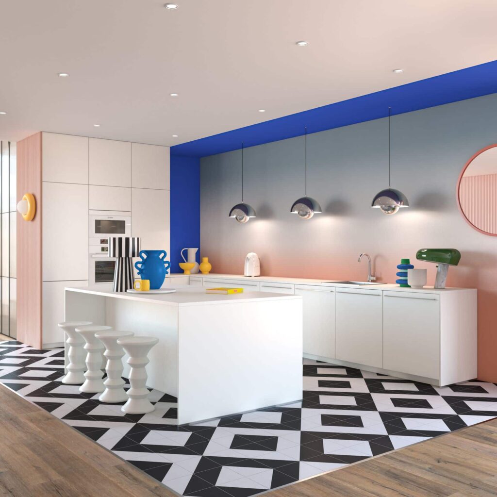 Cuisine design blanche avec murs roses et bleus et îlot central