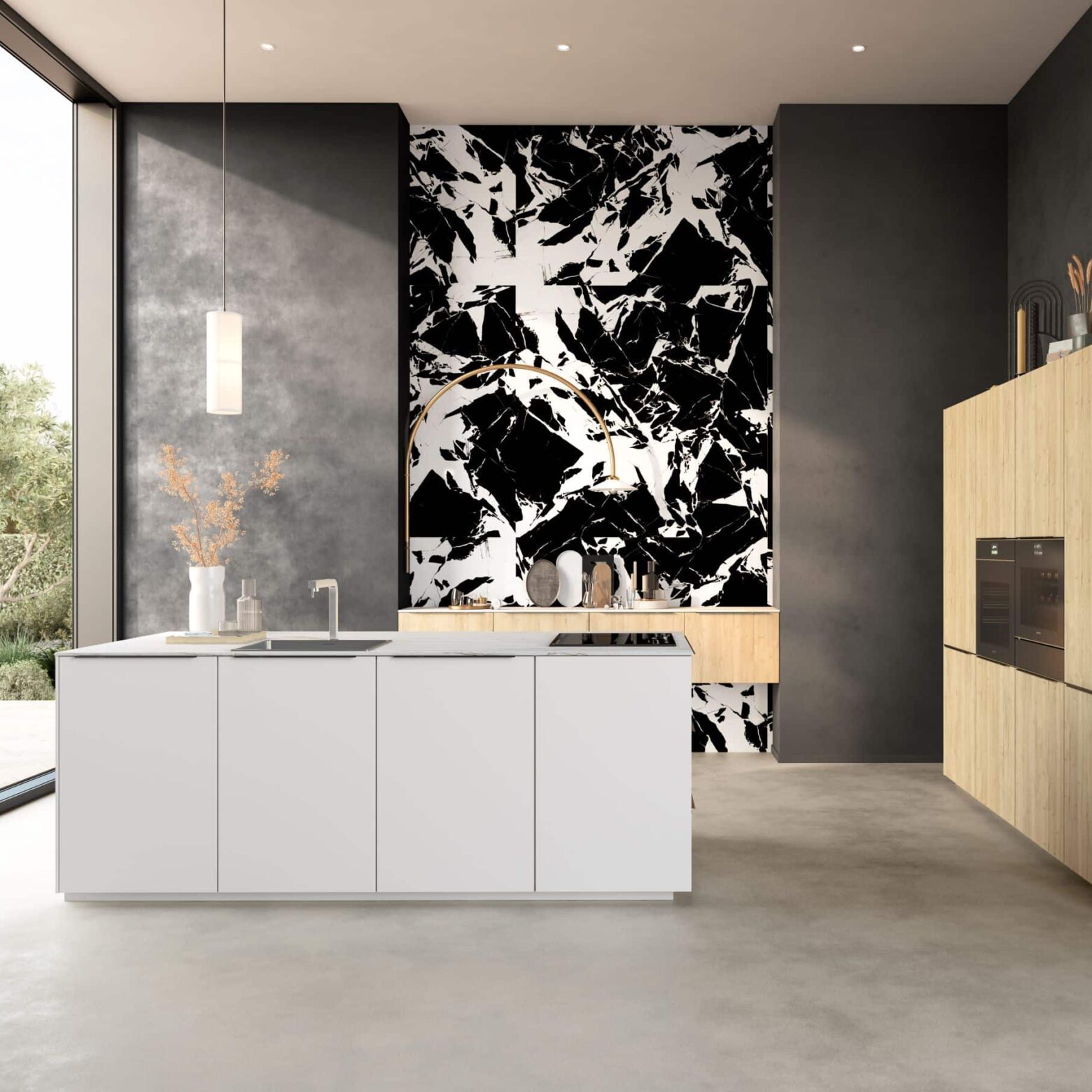 Cuisine blanche, bois et noir avec îlot central blanc