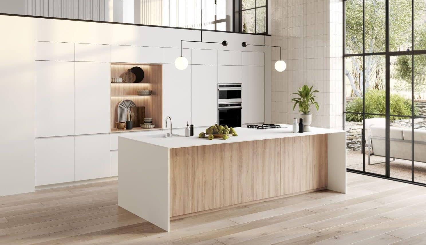 Zoom sur une cuisine design blanche et bois avec îlot central