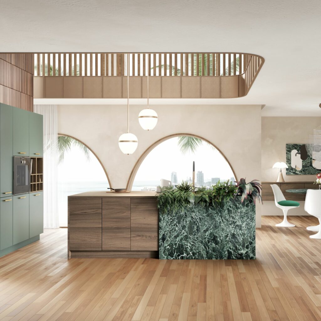 Cuisine verte et bois avec îlot central avec des plantes