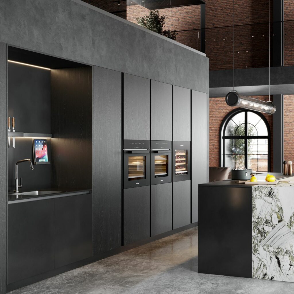 Cuisine noire avec îlot central en marbre