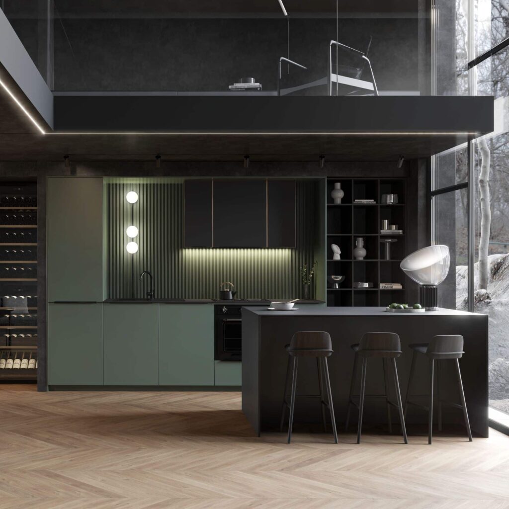 Cuisine noire et verte avec îlot central et cave à vin