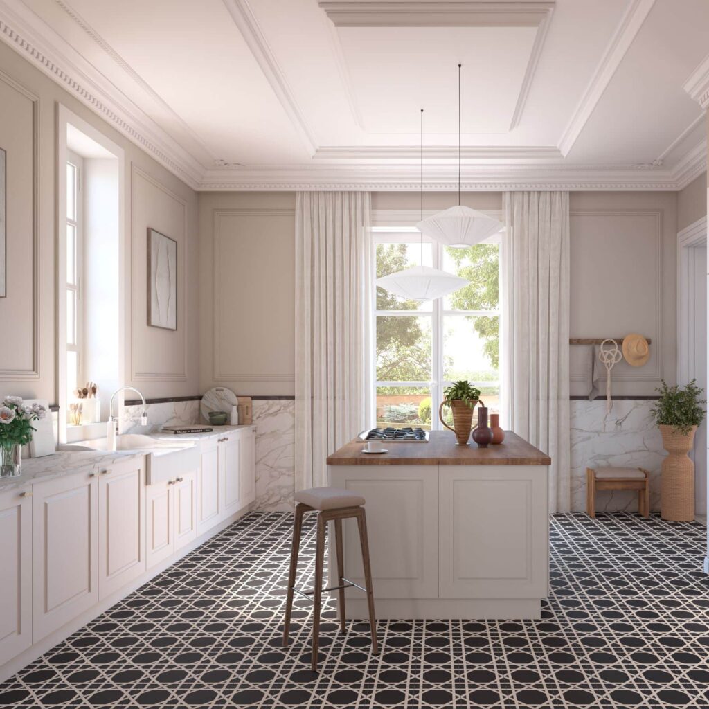 Une cuisine blanche avec îlot central blanc et bois