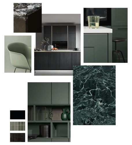 Moodboard d'une cuisine noire et verte