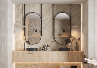 Deux miroirs arrondis suspendus au-dessus d'une double vasque dans une salle de bain moderne