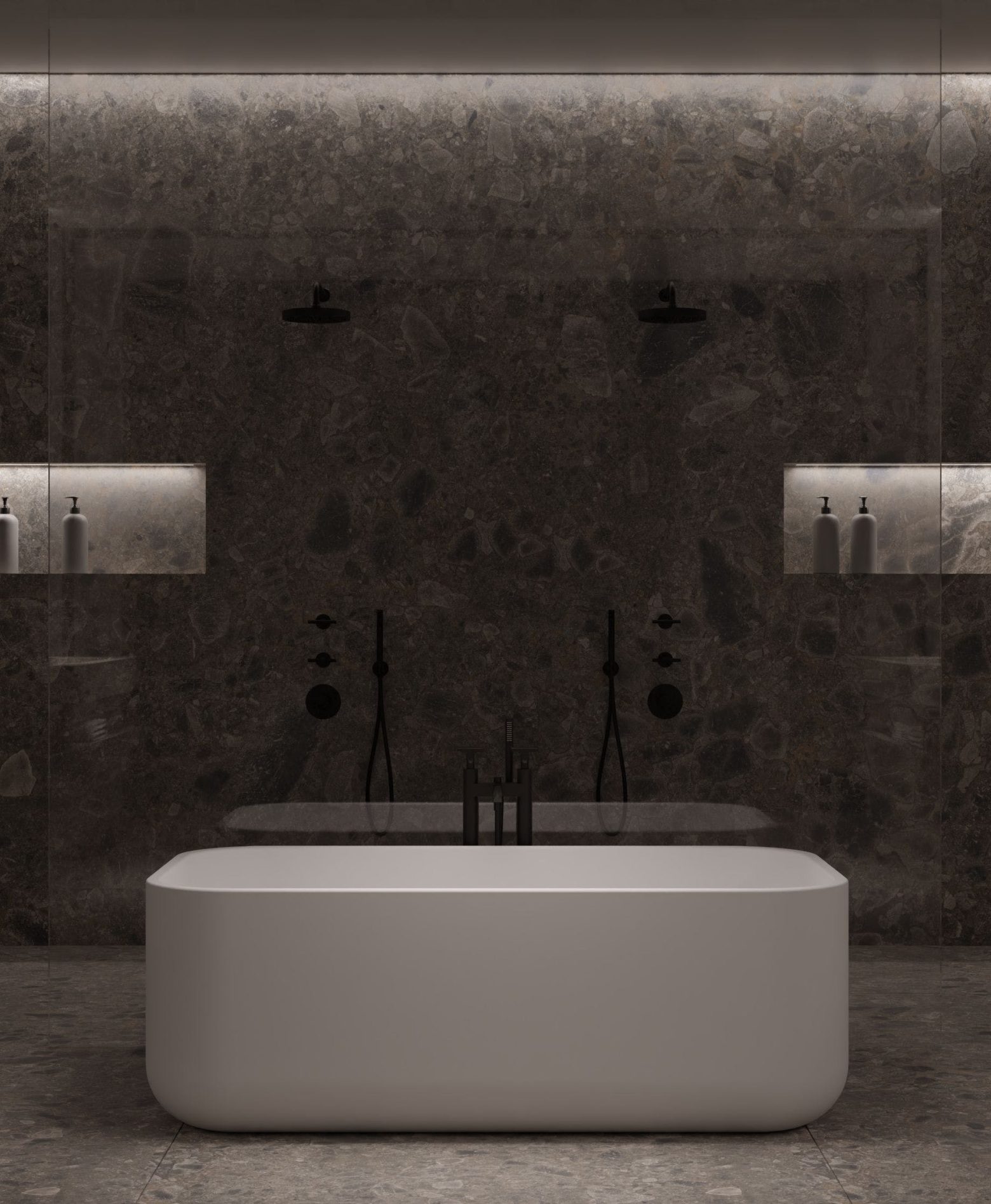 Une salle de bain design avec une baignoire blanche au milieu et des étagères lumineuses