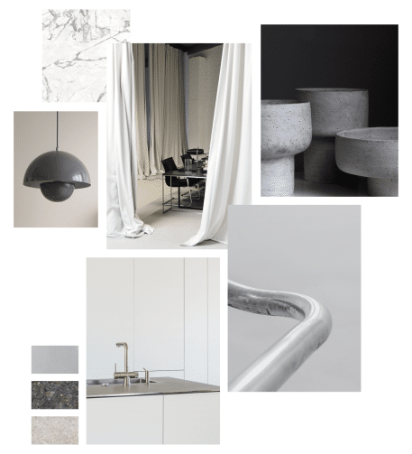 Moodboard d'une cuisine blanche avec petites photos grises et blanches