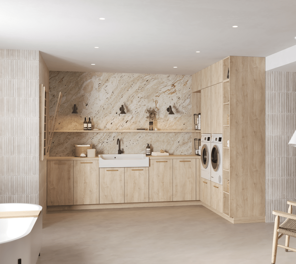 Salle de bain moderne beige avec des étagères