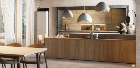 Cuisine design Elton grise et bois avec lampes suspendues